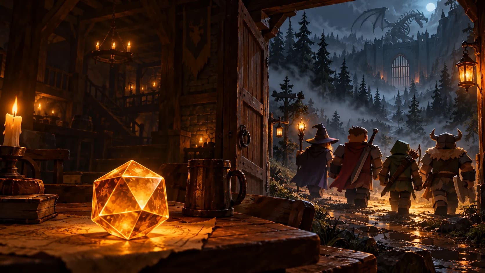 Original illustration of an adventuring party leaving a candlelit fantasy tavern toward a dark forest path, with a glowing amber twenty-sided die on the table.